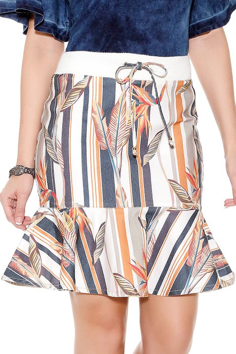 saia sino estampa floral e listras amarracao cintura titanium frente detalhe