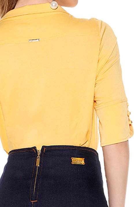 camisa amarela botoes manga 3 4 nervuras frontais titanium costas detalhe