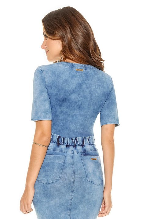 blusa casual malha denim azul jeans manga curta titanium ttn24353 costas cima