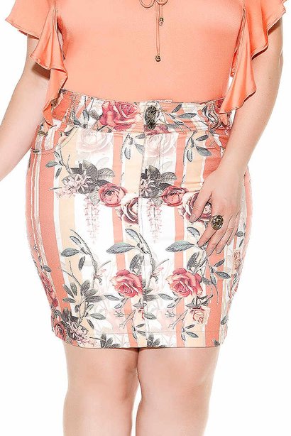 saia estampada plus size imperio jeans frente baixo