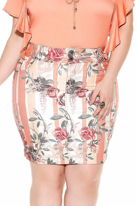 saia estampada plus size imperio jeans frente baixo