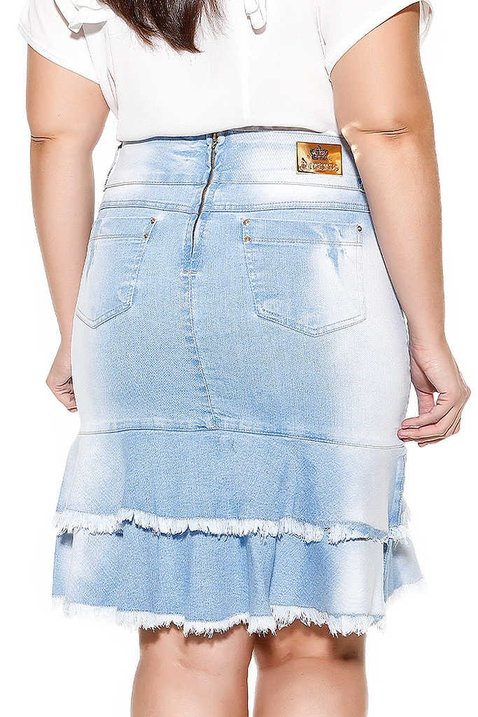 saia sino azul claro babado duplo desfiado imperio jeans costas baixo