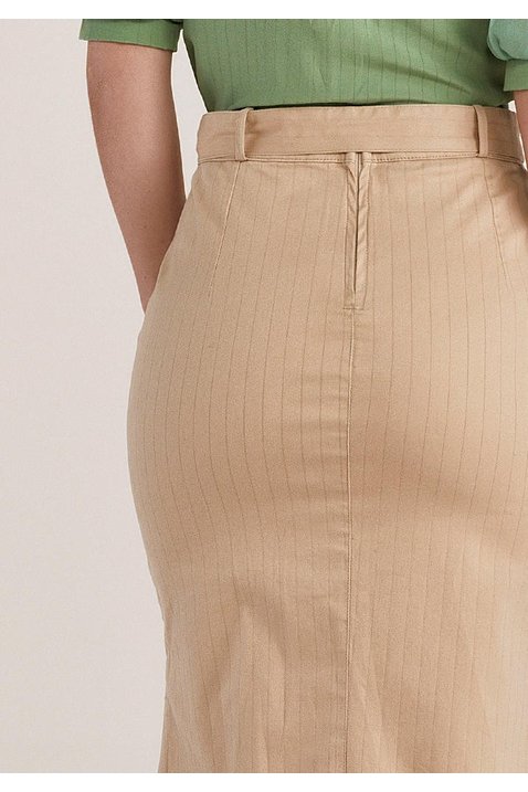 saia bege lapis assimetrica titanium jeans costas baixo detalhe
