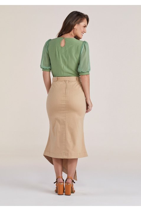 saia bege lapis assimetrica titanium jeans costas