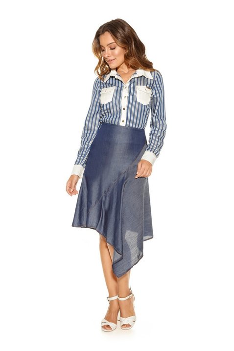 saia azul escuro barrado assimetrico titanium jeans