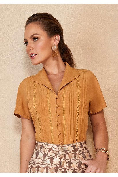 Camisa Social Feminina Mostarda Manga Curta Titanium Jeans