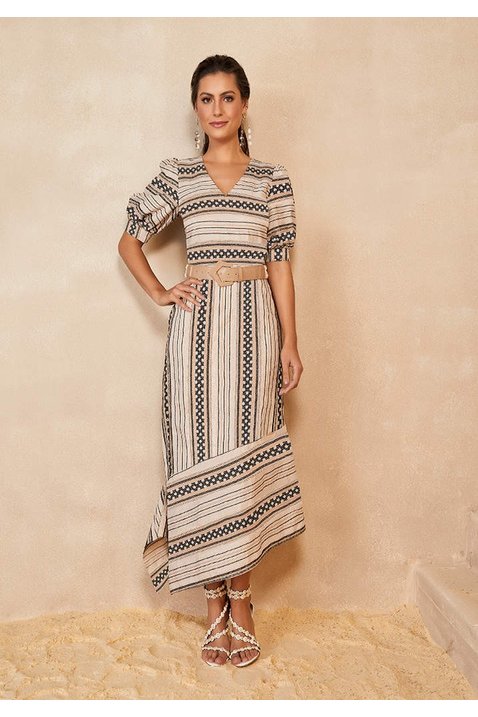 Vestido Listrado Barra Assimétrica Jaquard Alto Relevo Titanium Jeans