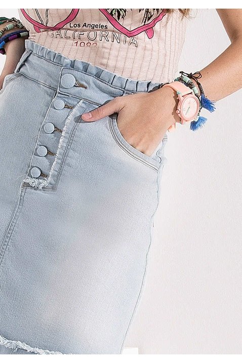 saia evase jeans detalhe botoes imperio z baixo detalhe