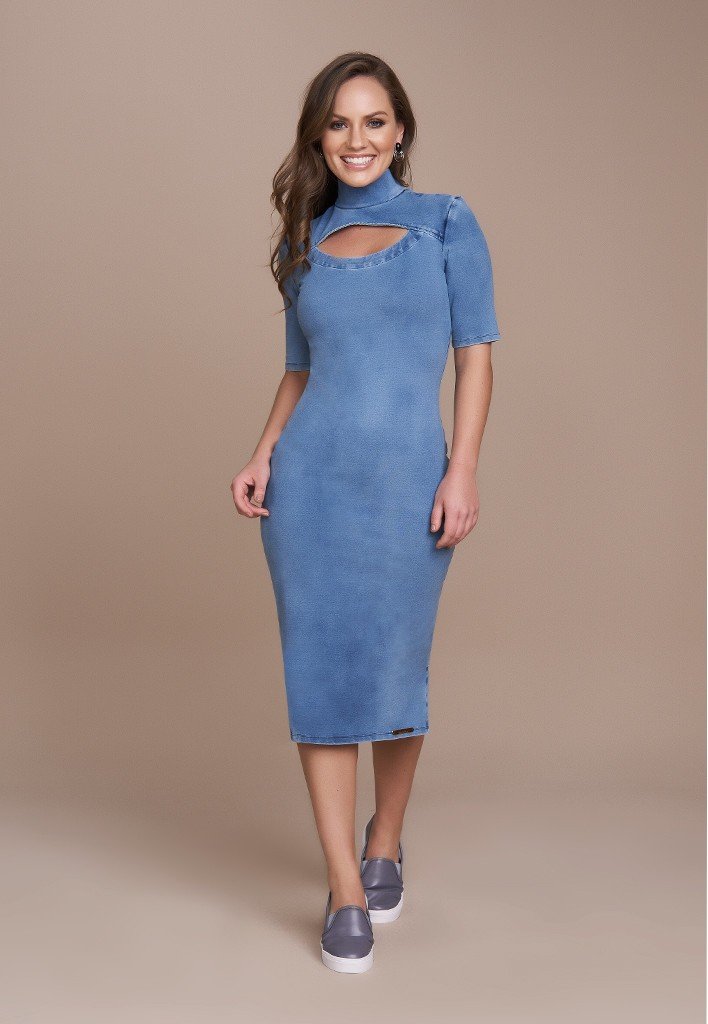 Vestido Tubinho Malha Denim Gola Alta Titanium