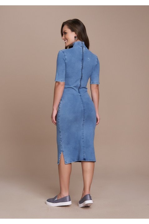 vestido tubinho malha denim gola alta titanium costas