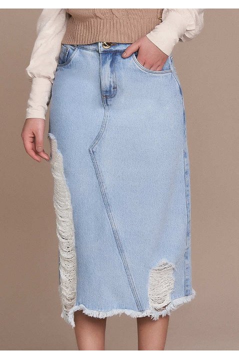 saia evase jeans destroyed barra desfiada titanium
