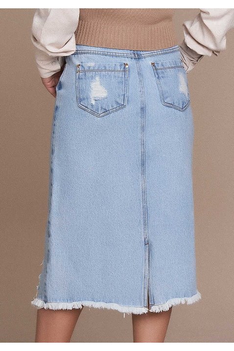 saia evase jeans destroyed barra desfiada titanium costas