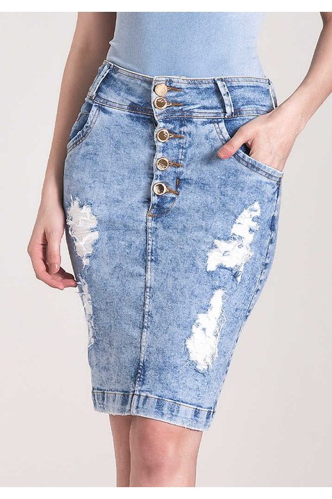 saia jeans destroyed botoes frontais laura rosa baixo