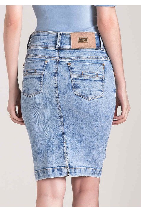 saia jeans destroyed botoes frontais laura rosa costas baixo