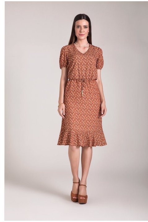 vestido evase estampado em crepe laura rosa