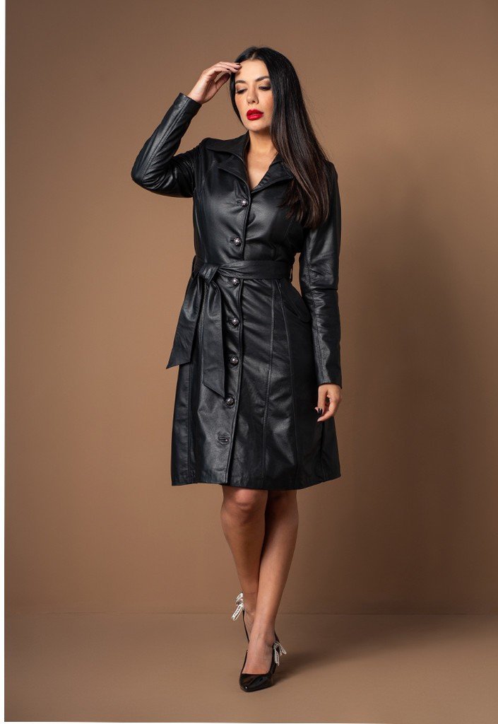 Couro Legítimo Sobretudo Feminino Couro Preto Casaco Sobretudo