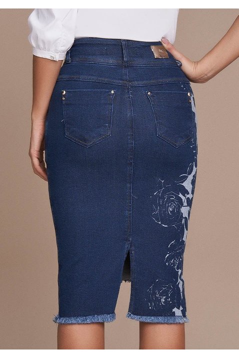 saia jeans detalhe frontal com corrosao na lateral costas baixo