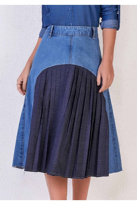 saia evase jeans plissado frontal titanium baixo