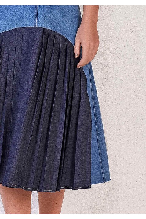 saia evase jeans plissado frontal titanium baixo detalhe