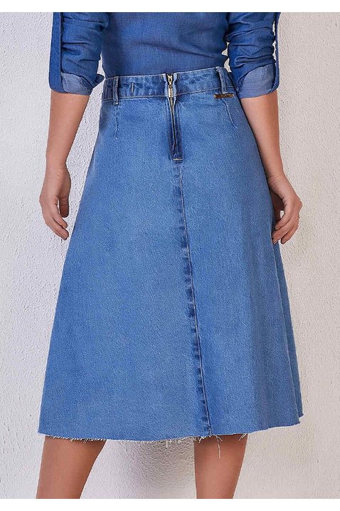 saia evase jeans plissado frontal titanium costas baixo