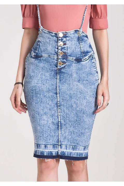 saia jeans justa com alca laura rosa baixo