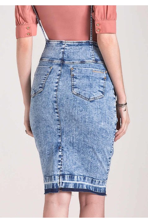 saia jeans justa com alca laura rosa costas baixo