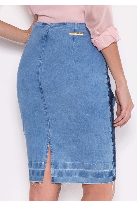 saia jeans lapis barra desfeita laura rosa costas baixo
