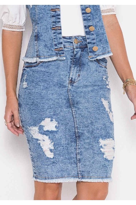 saia jeans marmorizada barra desfeita com puidos laura rosa baixo