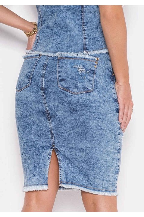 saia jeans marmorizada barra desfeita com puidos laura rosa costas baixo