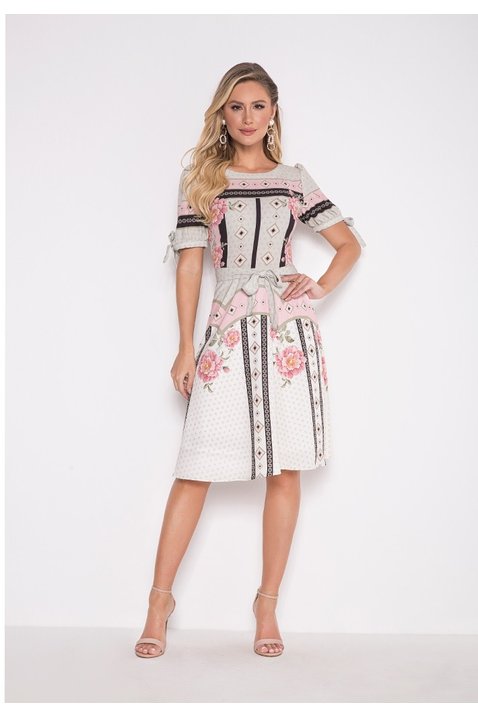 vestido evase estampado com amarracao laura rosa