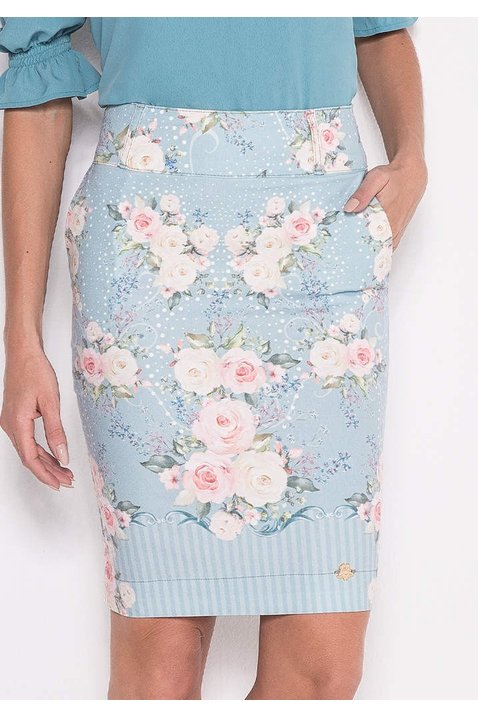 saia azul claro estampada com bolsos laura rosa baixo