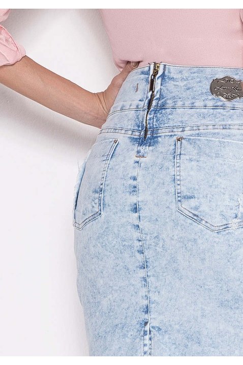 saia jeans clara barra desfiada laura rosa costas baixo detalhe