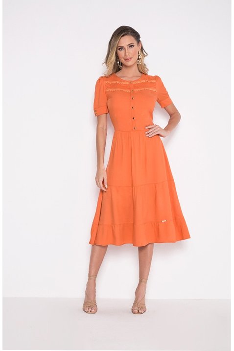 vestido gode laranja detalhe guippir laura rosa