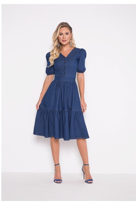 vestido jeans fechamento em botoes encapados laura rosa