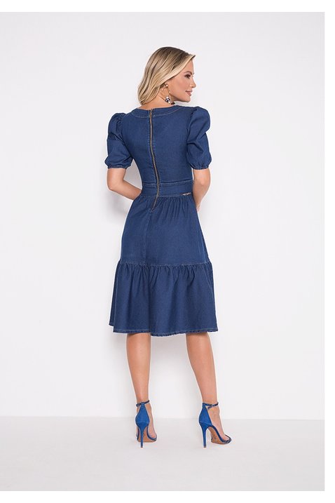 vestido jeans fechamento em botoes encapados laura rosa costas