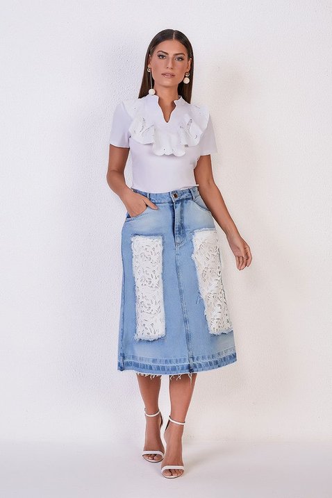 saia jeans evase barra desmanchada 7