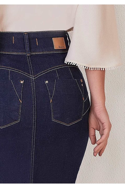 saia jeans escuro push up titanium jeans costas baixo detalhe
