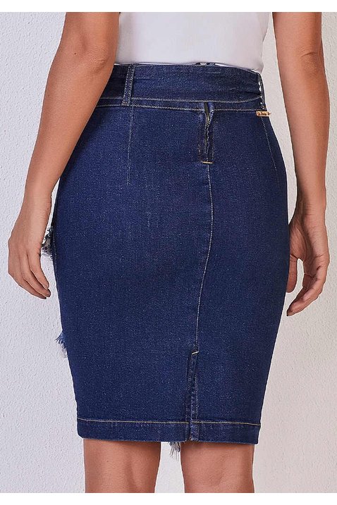 saia lapis jeans com desfiados e cinto faixa titanium costas baixo