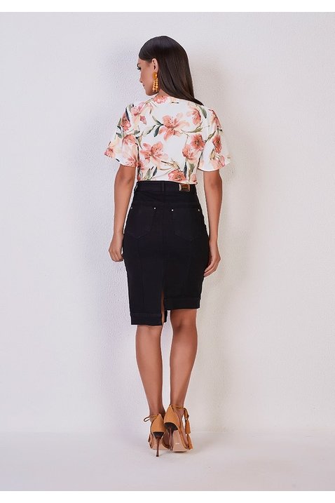 saia lapis jeans ziper frontal e barra assimetrica titanium costas