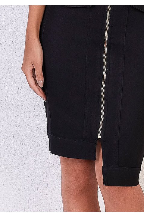 saia lapis jeans ziper frontal e barra assimetrica titanium baixo detalhe