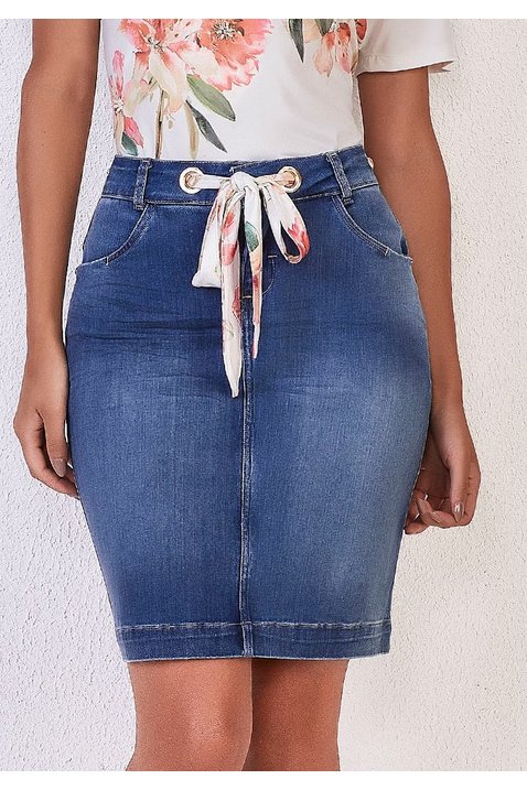 saia jeans detalhe faixa estampada titanium baixo