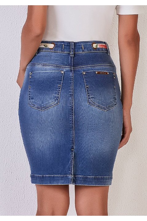 saia jeans detalhe faixa estampada titanium costas baixo