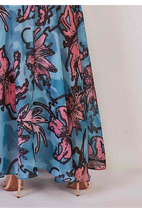 vestido longo plano estampa exclusiva titanium jeans costas baixo detalhe