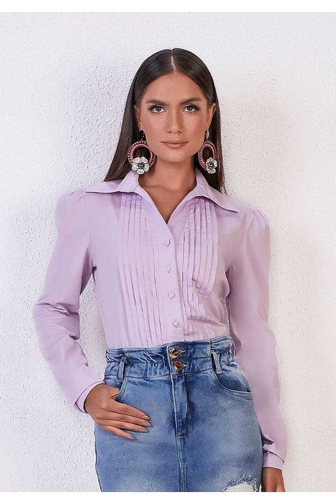 camisa tricoline lilas com pregas frontal titanium jeans