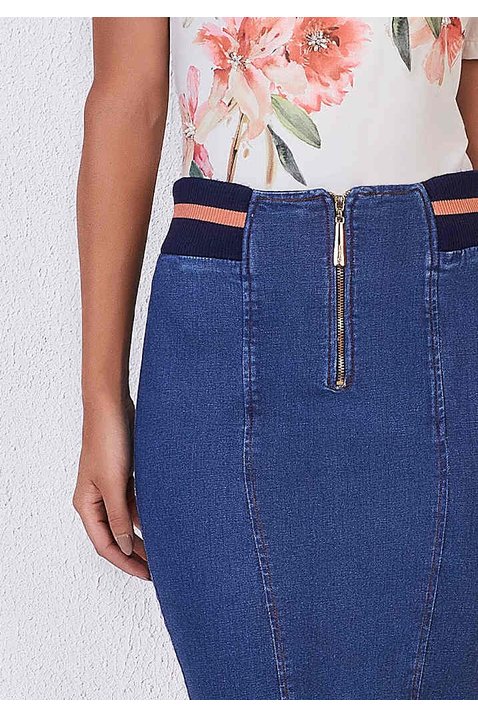 saia lapis jeans sustentavel com cos em ribana titanium detalhe