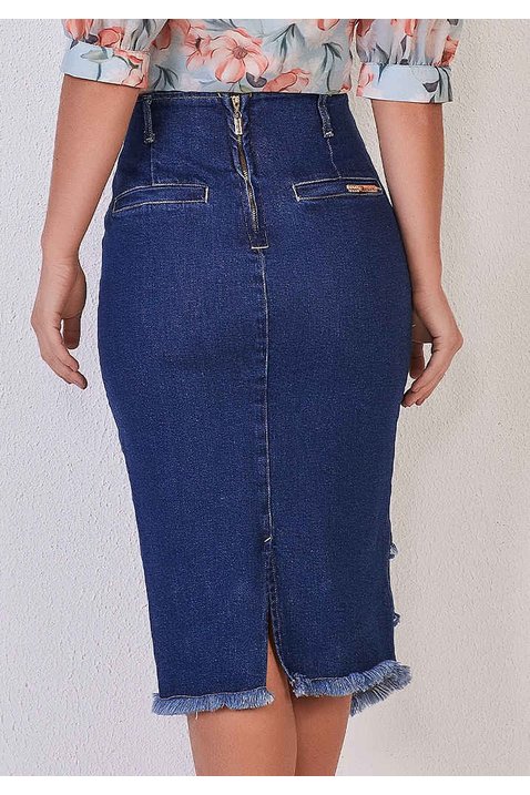 saia lapis jeans com desfiados assimetricos titanium costas baixo