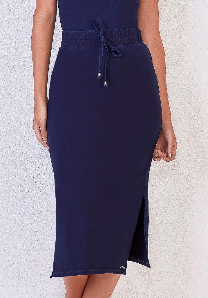 Saia Lápis Malha Denim Azul Escuro Titanium