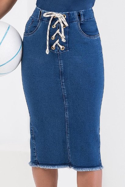 saia jeans midi com amarracao frontal e barra desfiada imperio z 1