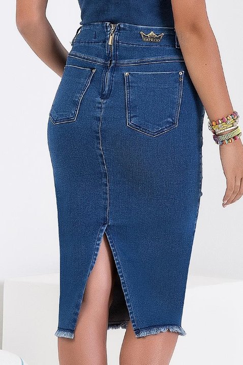 saia jeans midi com amarracao frontal e barra desfiada imperio z 6