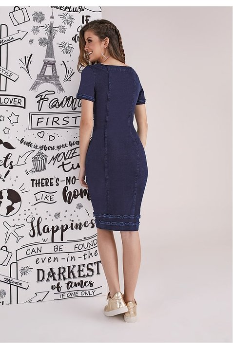 vestido tubinho jeans abotoamento frontal imperio z costas